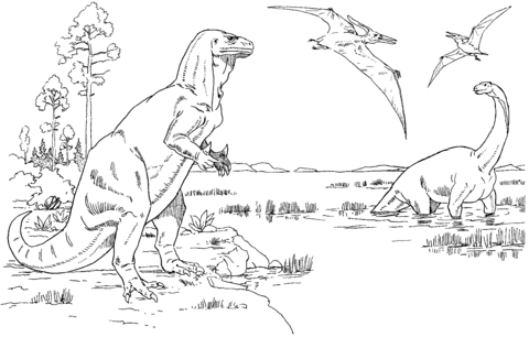 Iguanodon, Cetiosaurus And Pteranodons Coloring Page